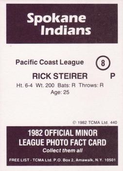 1982 TCMA Spokane Indians #8 Rick Steirer Back
