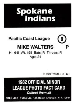 1982 TCMA Spokane Indians #9 Mike Walters Back