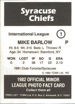 1982 TCMA Syracuse Chiefs #1 Mike Barlow Back