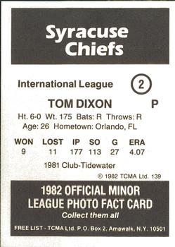 1982 TCMA Syracuse Chiefs #2 Tom Dixon Back
