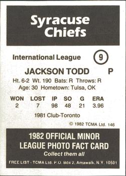 1982 TCMA Syracuse Chiefs #9 Jackson Todd Back