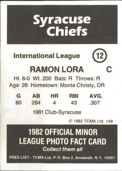 1982 TCMA Syracuse Chiefs #12 Ramon Lora Back