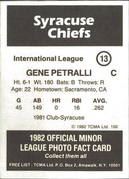1982 TCMA Syracuse Chiefs #13 Gene Petralli Back