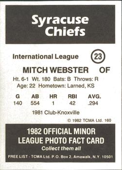 1982 TCMA Syracuse Chiefs #23 Mitch Webster Back