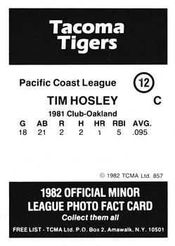 1982 TCMA Tacoma Tigers #12 Tim Hosley Back