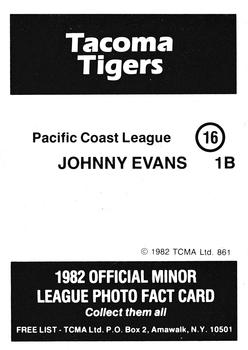 1982 TCMA Tacoma Tigers #16 Johnny Evans Back