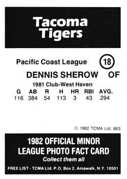 1982 TCMA Tacoma Tigers #18 Dennis Sherow Back