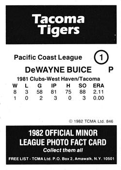 1982 TCMA Tacoma Tigers #1 DeWayne Buice Back