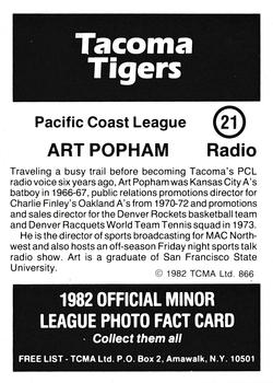 1982 TCMA Tacoma Tigers #21 Art Popham Back