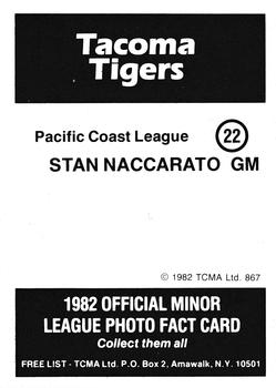 1982 TCMA Tacoma Tigers #22 Stan Naccarato Back