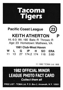 1982 TCMA Tacoma Tigers #23 Keith Atherton Back