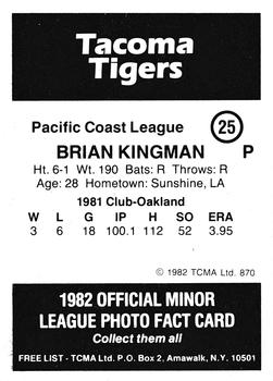 1982 TCMA Tacoma Tigers #25 Brian Kingman Back