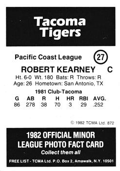 1982 TCMA Tacoma Tigers #27 Bob Kearney Back