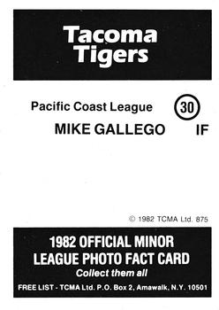 1982 TCMA Tacoma Tigers #30 Mike Gallego Back
