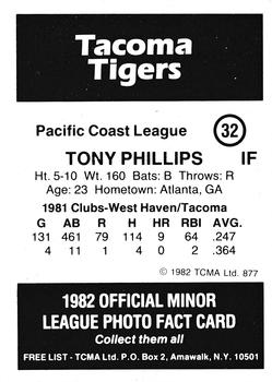 1982 TCMA Tacoma Tigers #32 Tony Phillips Back