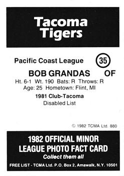 1982 TCMA Tacoma Tigers #35 Bob Grandas Back
