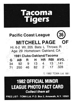 1982 TCMA Tacoma Tigers #36 Mitchell Page Back