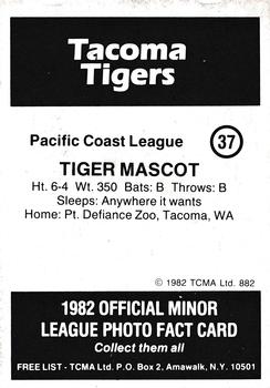1982 TCMA Tacoma Tigers #37 Tiger Mascot Back