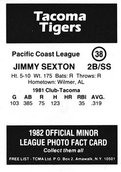 1982 TCMA Tacoma Tigers #38 Jimmy Sexton Back