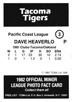 1982 TCMA Tacoma Tigers #3 Dave Heaverlo Back