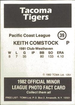1982 TCMA Tacoma Tigers #39 Keith Comstock Back