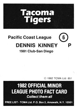 1982 TCMA Tacoma Tigers #6 Dennis Kinney Back