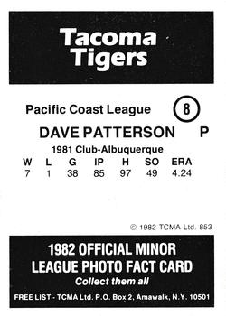 1982 TCMA Tacoma Tigers #8 Dave Patterson Back
