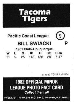 1982 TCMA Tacoma Tigers #9 Bill Swiacki Back