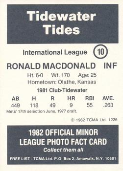1982 TCMA Tidewater Tides #10 Ronald MacDonald Back