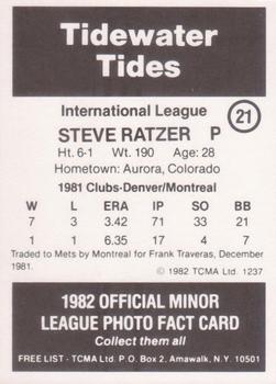1982 TCMA Tidewater Tides #21 Steve Ratzer Back
