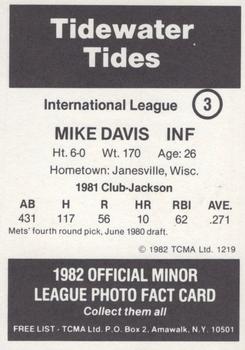 1982 TCMA Tidewater Tides #3 Mike Davis Back