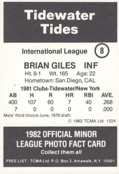 1982 TCMA Tidewater Tides #8 Brian Giles Back
