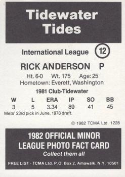 1982 TCMA Tidewater Tides #12 Rick Anderson Back