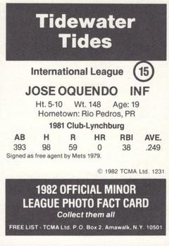 1982 TCMA Tidewater Tides #15 Jose Oquendo Back