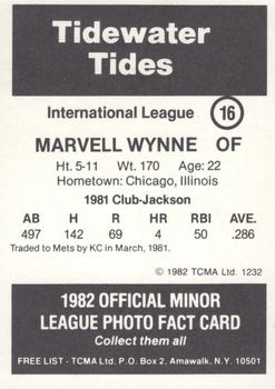 1982 TCMA Tidewater Tides #16 Marvell Wynne Back
