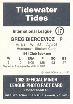 1982 TCMA Tidewater Tides #17 Greg Biercevicz Back