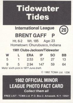 1982 TCMA Tidewater Tides #20 Brent Gaff Back