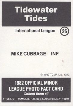 1982 TCMA Tidewater Tides #26 Mike Cubbage Back