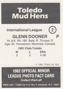 1982 TCMA Toledo Mud Hens #2 Glenn Dooner Back