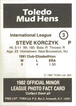 1982 TCMA Toledo Mud Hens #3 Steve Korczyk Back