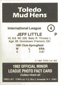 1982 TCMA Toledo Mud Hens #4 Jeff Little Back