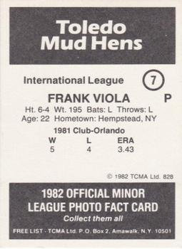 1982 TCMA Toledo Mud Hens #7 Frank Viola Back