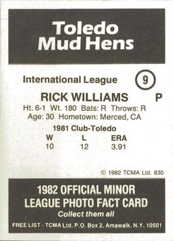 1982 TCMA Toledo Mud Hens #9 Rick Williams Back