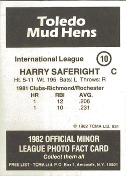 1982 TCMA Toledo Mud Hens #10 Harry Saferight Back