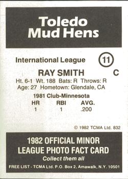 1982 TCMA Toledo Mud Hens #11 Ray Smith Back