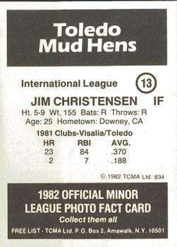 1982 TCMA Toledo Mud Hens #13 Jim Christensen Back