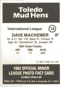 1982 TCMA Toledo Mud Hens #14 Dave Machemer Back
