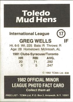1982 TCMA Toledo Mud Hens #17 Greg Wells Back