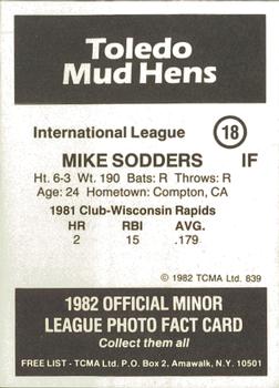 1982 TCMA Toledo Mud Hens #18 Mike Sodders Back
