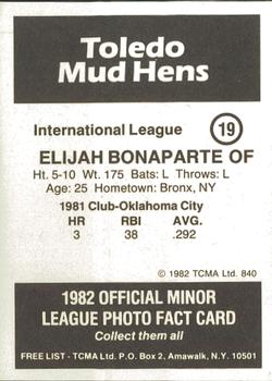 1982 TCMA Toledo Mud Hens #19 Elijah Bonaparte Back